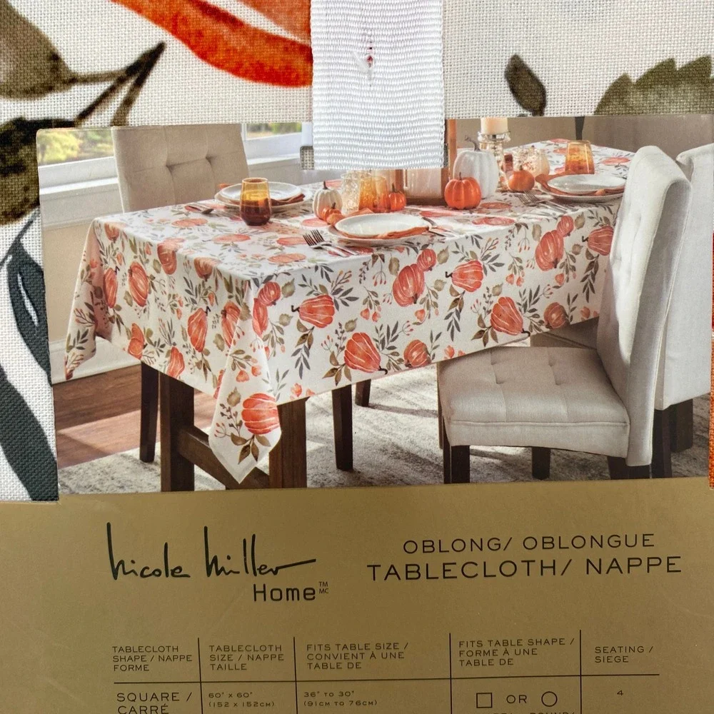 Nicole Miller Home Tablecloth 60x120 Cream Orange Pumpkin Fall Harvest Autumn